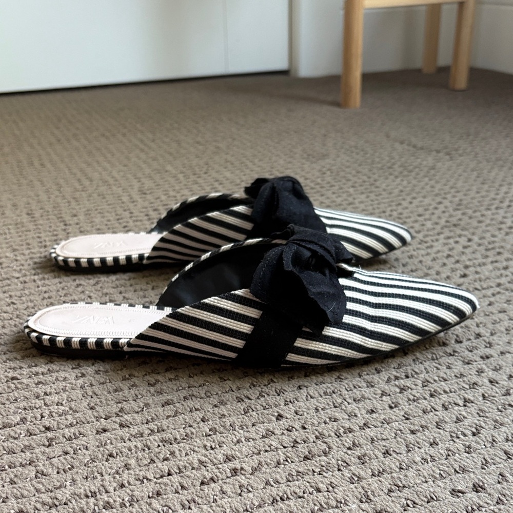 Zara Black & White Striped Mules with Bow